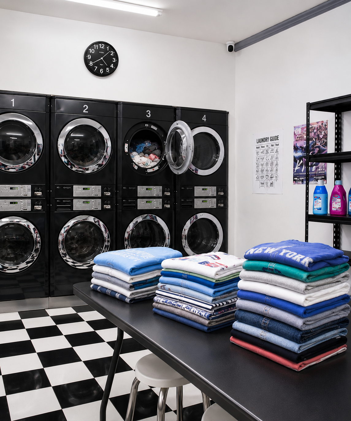Clean laundry machines with neatly folded clothes